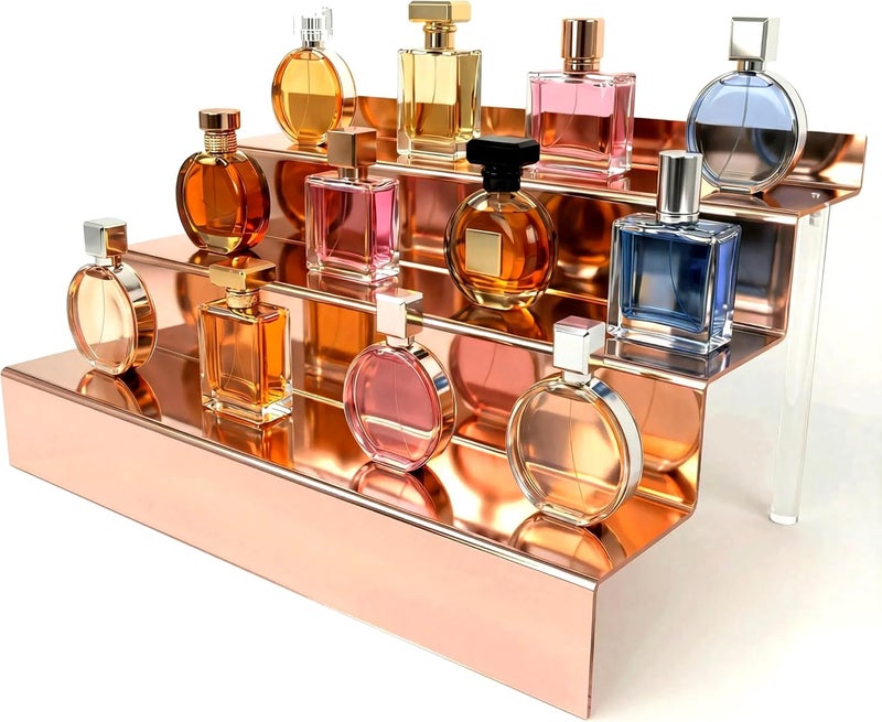 YMVV 12 IN Rose Gold Mirror Acrylic 3 Tier Display Riser Perfume Organizer, Perfume Cologne Organizer Holder, Pops Toy Figures, Clear Cupcake Riser, Dessert Shelf - Image 1